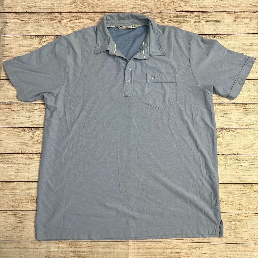 TravisMathew Polo Shirt Mens XL Light Blue Pima Cotton Blend Chest Pocket Logo